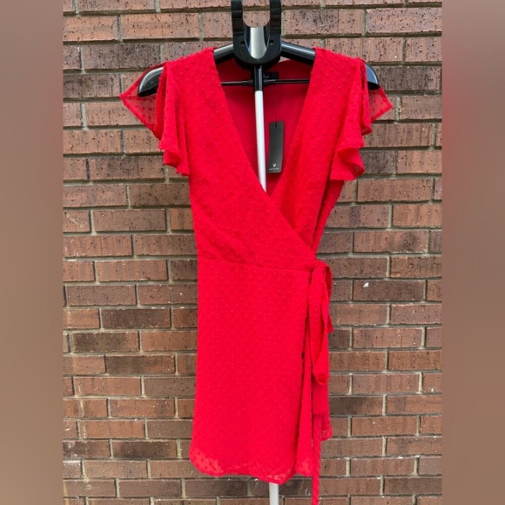 Lulus Much to Celebrate Red Swiss Dot Flutter Sleeve Wrap Mini Dress Size Small